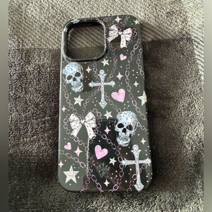 Stylish Black and Pink 15 Pro Max iPhone Case with Skulls and Bows